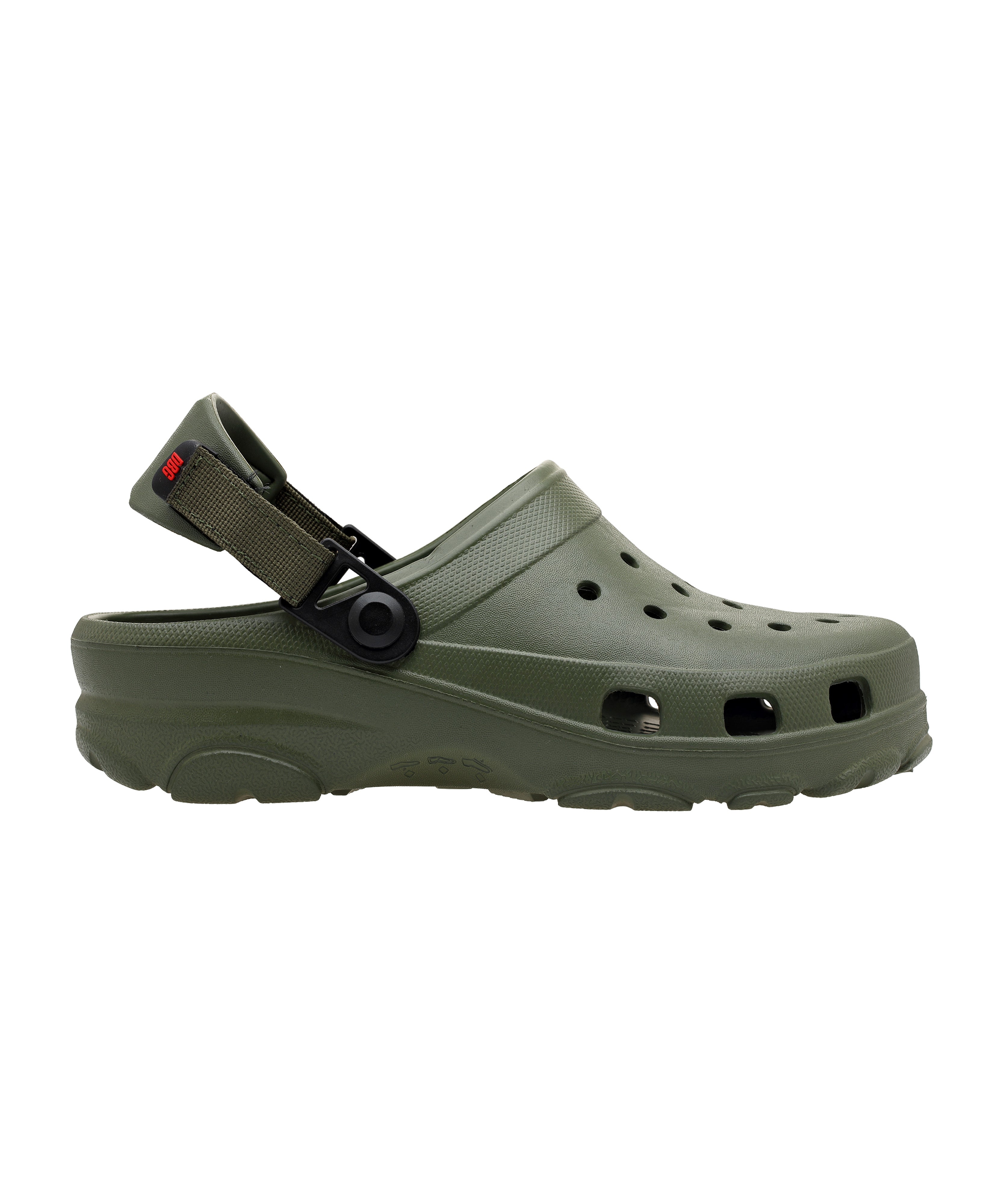 Green clog shoe with a strap on a white background