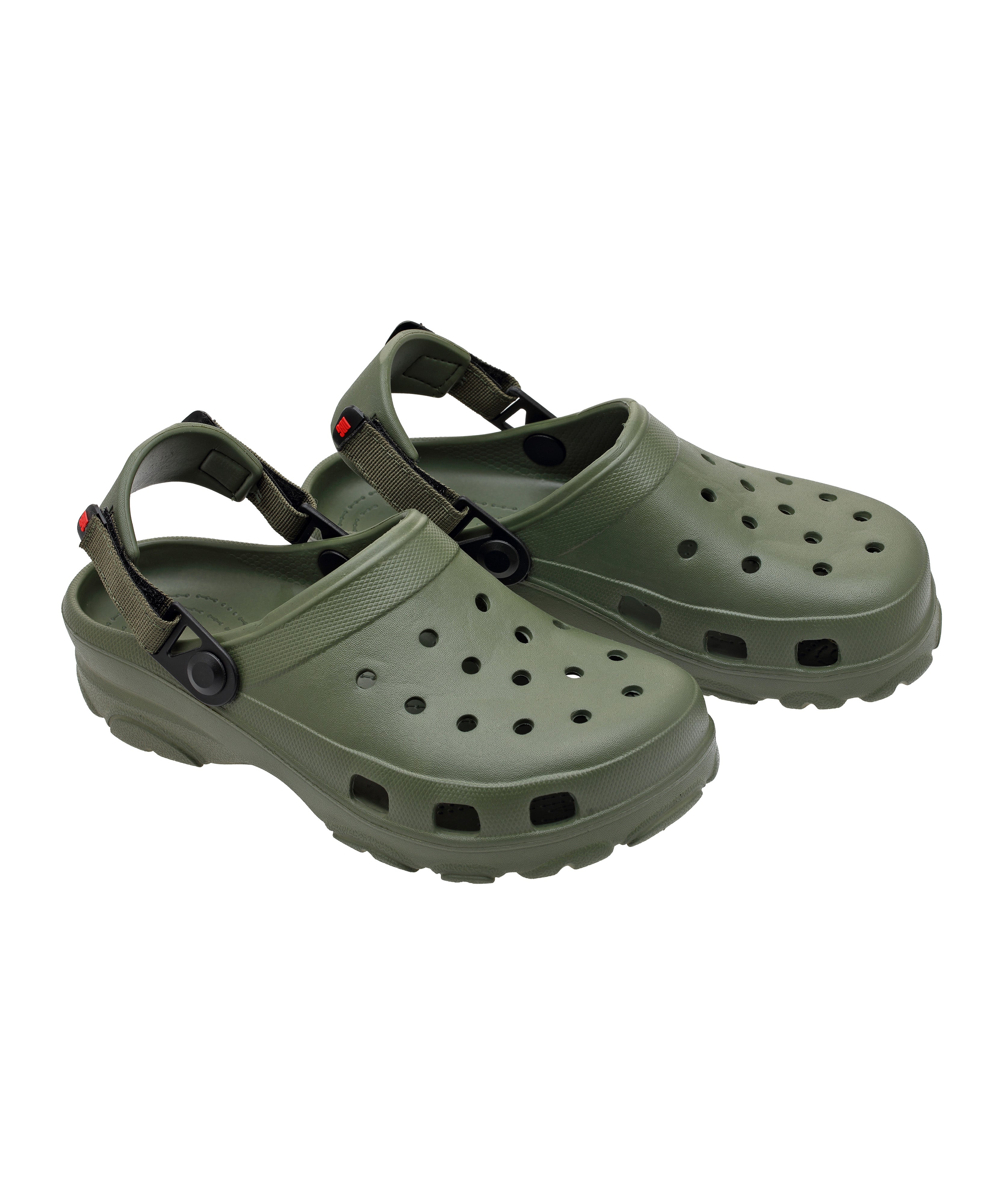 Pair of green clogs on a white background