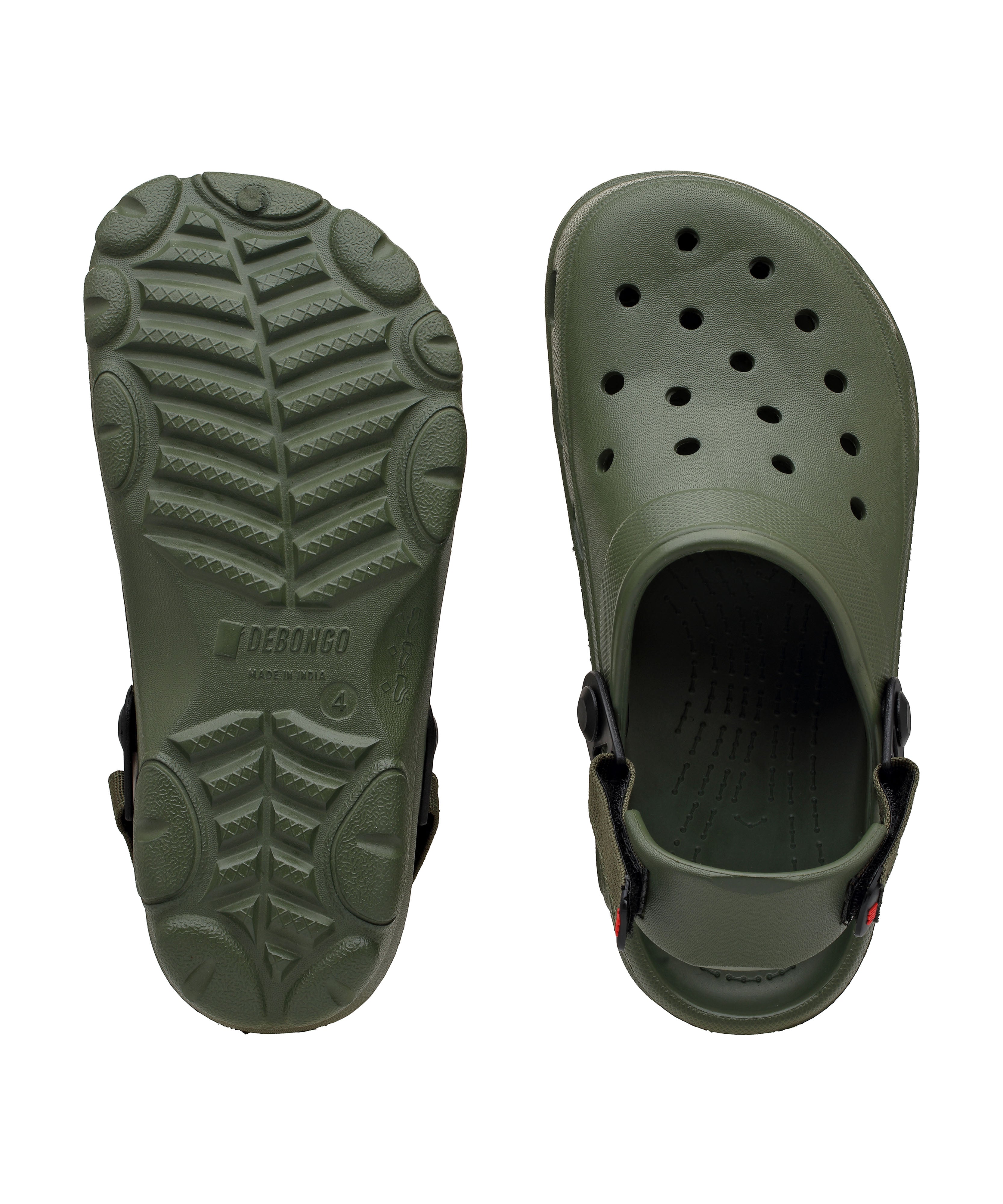 Green clogs with a brand logo on a white background