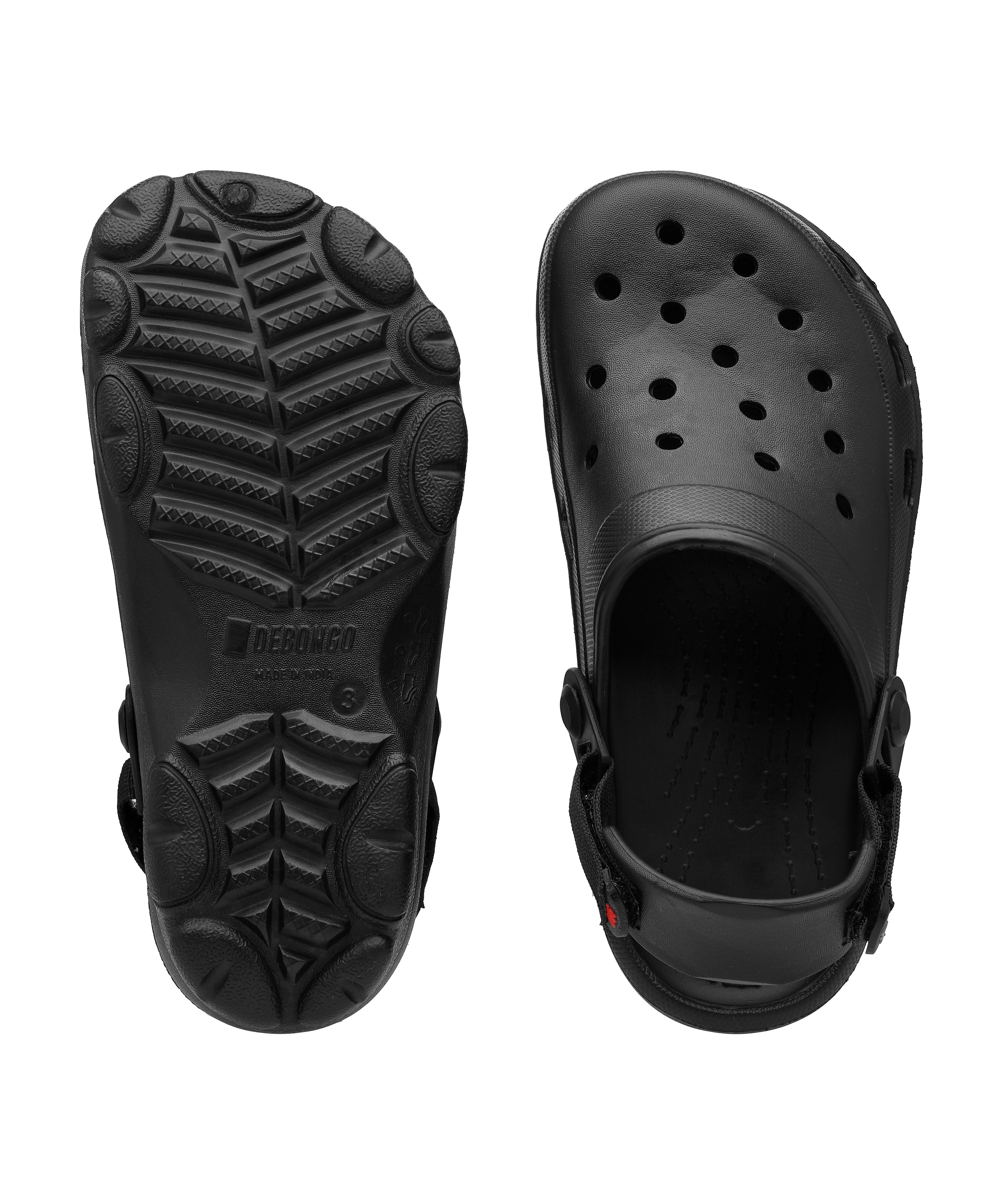 Black sandals with a textured sole on a white background