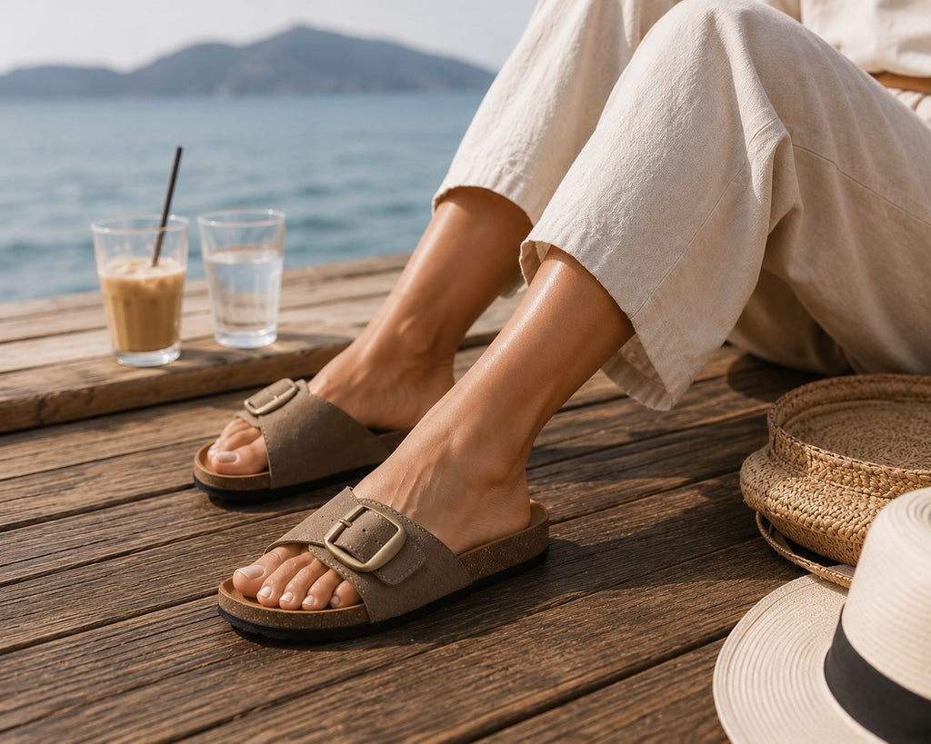 Ezhigo Ladies Sandals Single Strap Microfiber Leather Sliders with Cork Sole