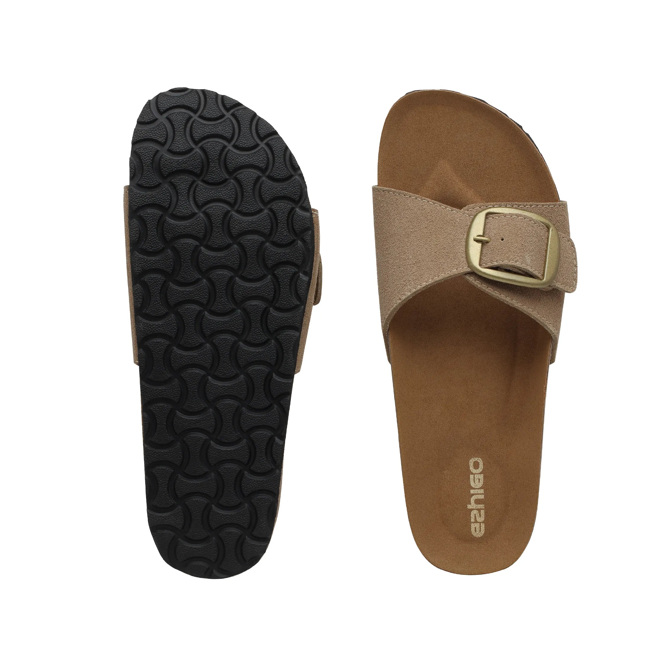 Ezhigo Ladies Sandals Single Strap Microfiber Leather Sliders with Cork Sole