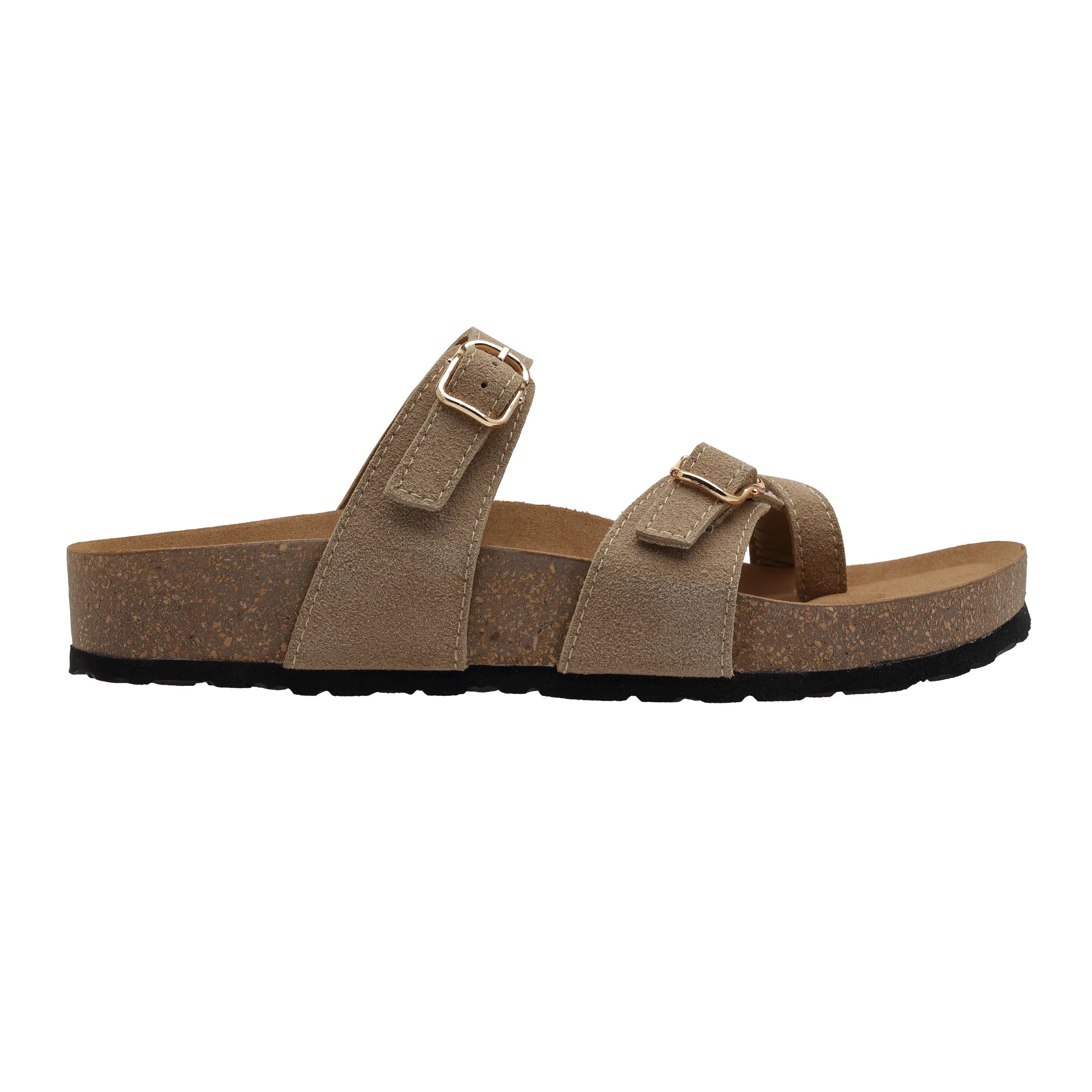 Ezhigo Ladies Sandals Double Strap Microfiber Leather Sliders with Cork Sole