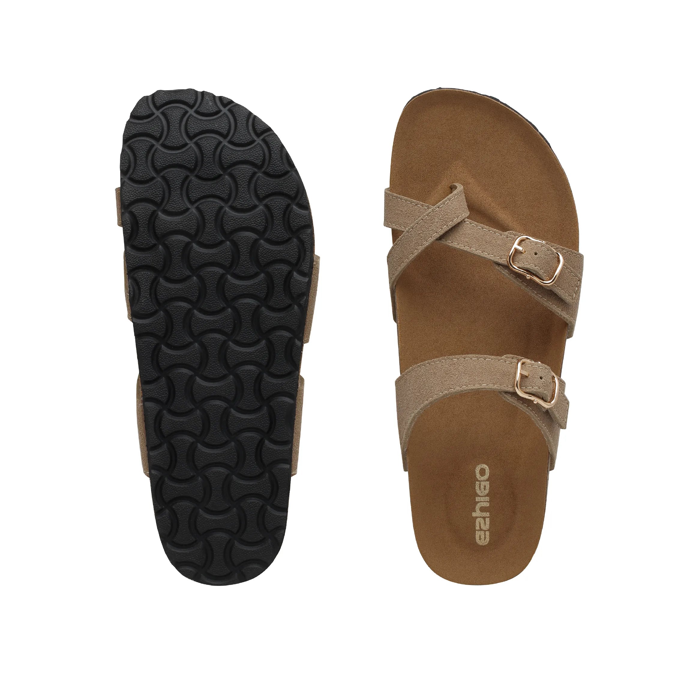 Ezhigo Ladies Sandals Double Strap Microfiber Leather Sliders with Cork Sole