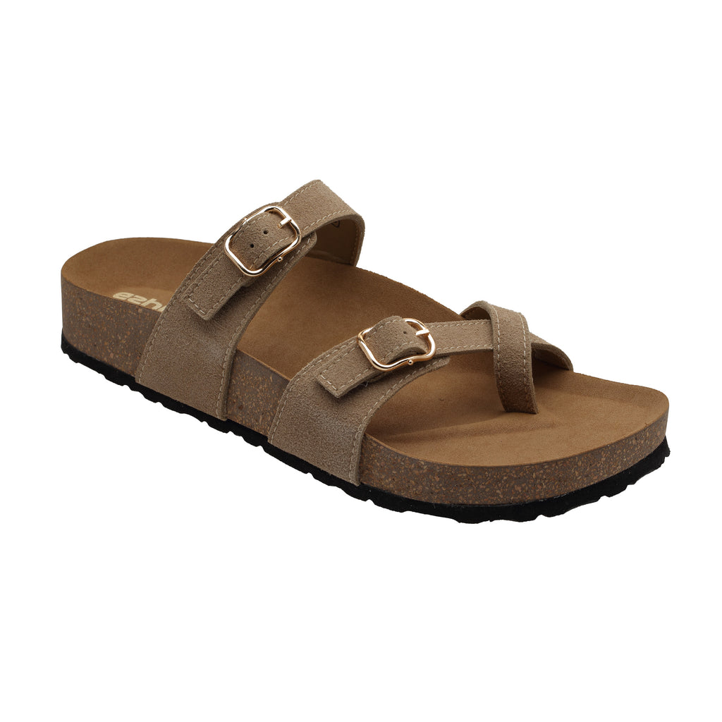 Ezhigo Ladies sandals Double Strap leather sliders with cork sole