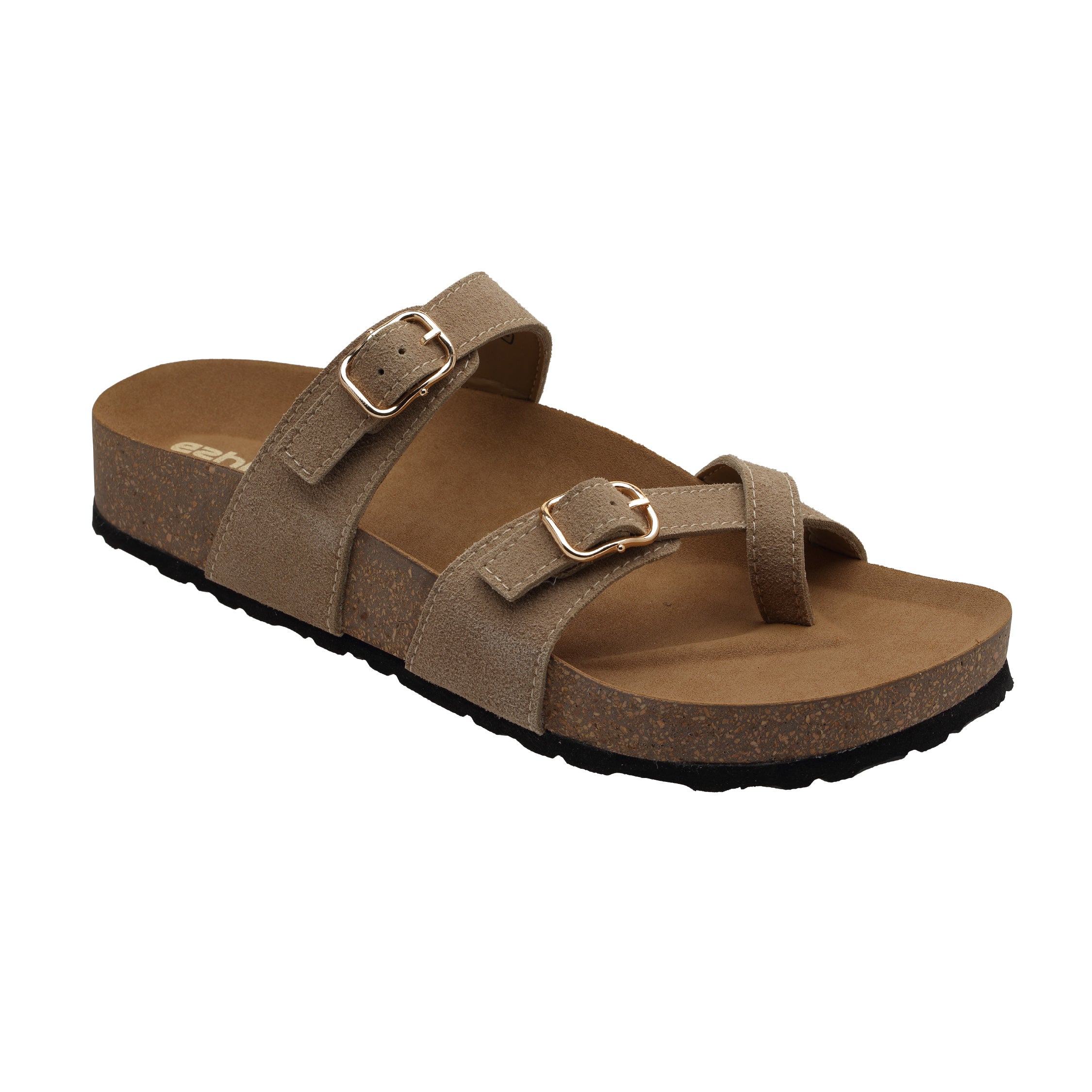 Ezhigo Ladies sandals Double Strap leather sliders with cork sole