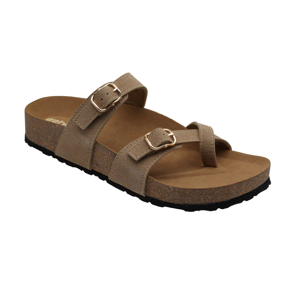 Ezhigo Ladies Sandals Double Strap Microfiber Leather Sliders with Cork Sole