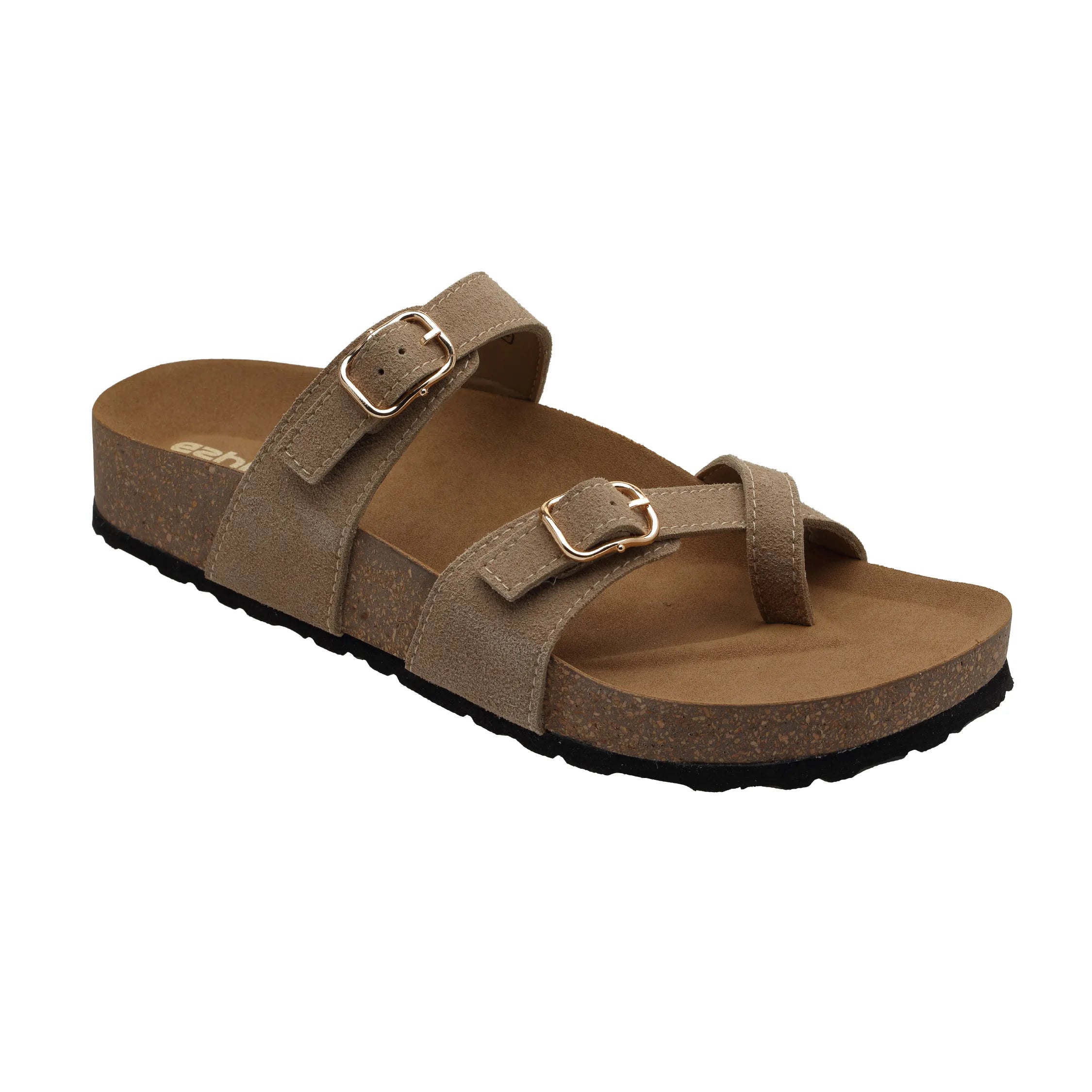 Ezhigo Ladies Sandals Double Strap Microfiber Leather Sliders with Cork Sole