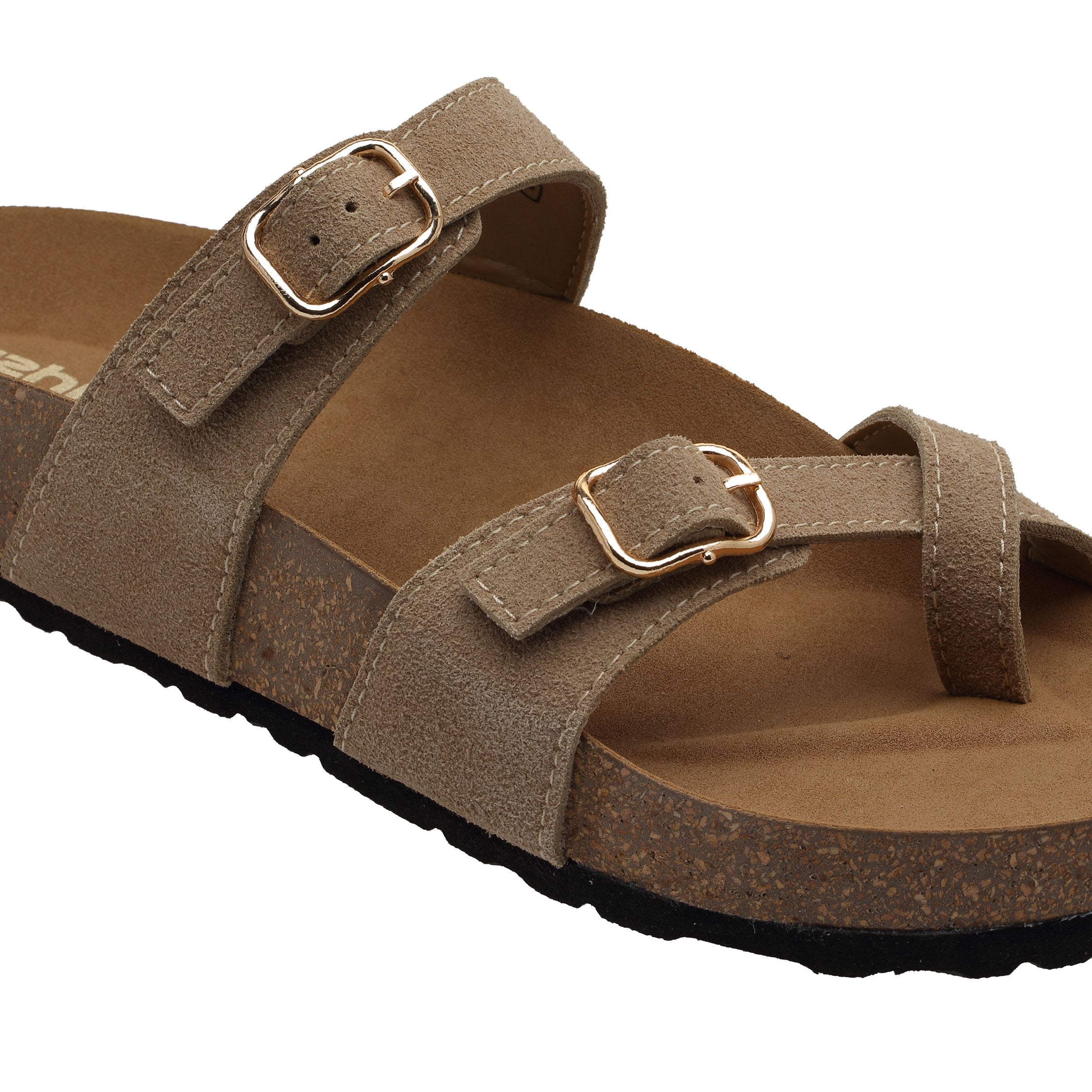 Ezhigo Ladies sandals Double Strap leather sliders with cork sole