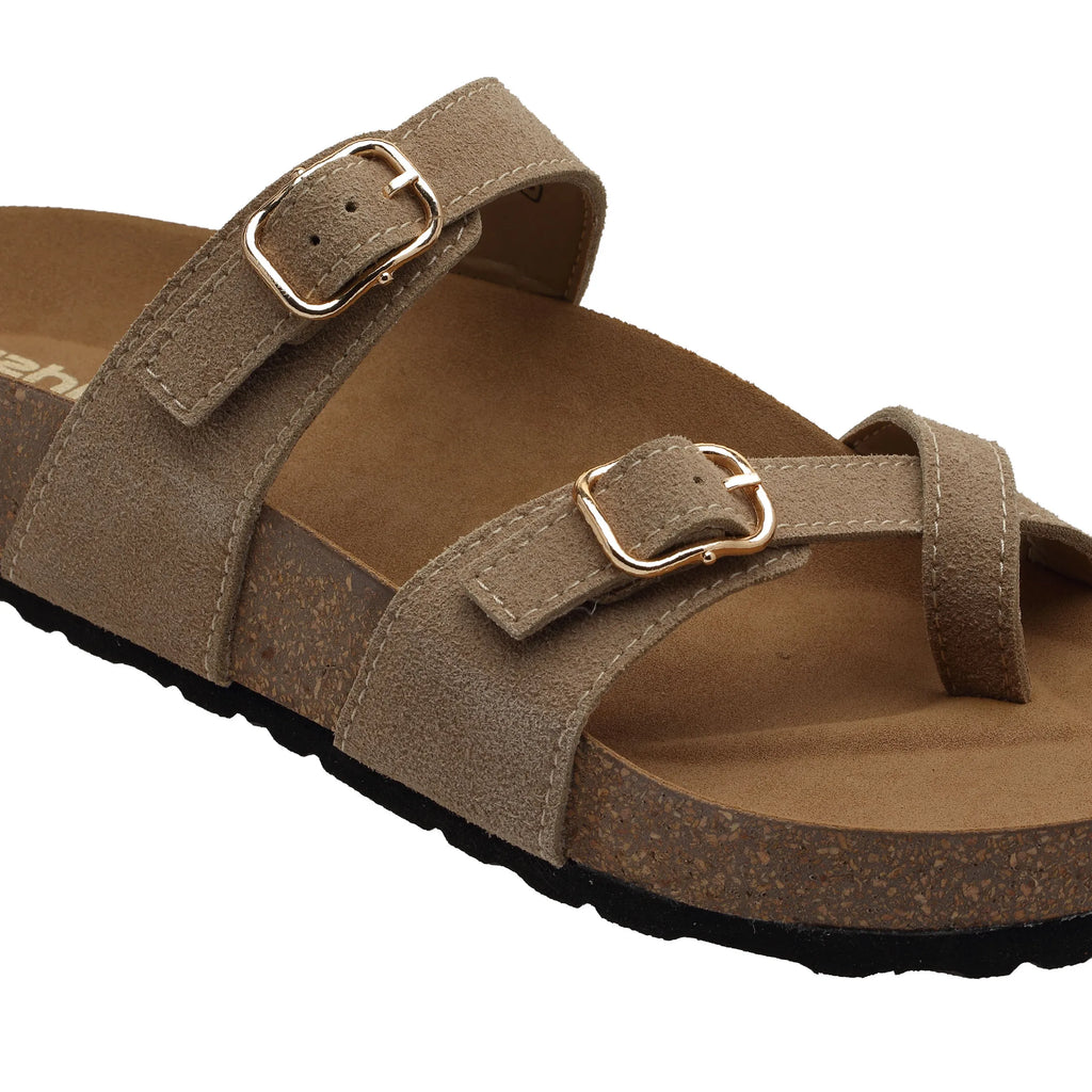 Ezhigo Ladies Sandals Double Strap Microfiber Leather Sliders with Cork Sole