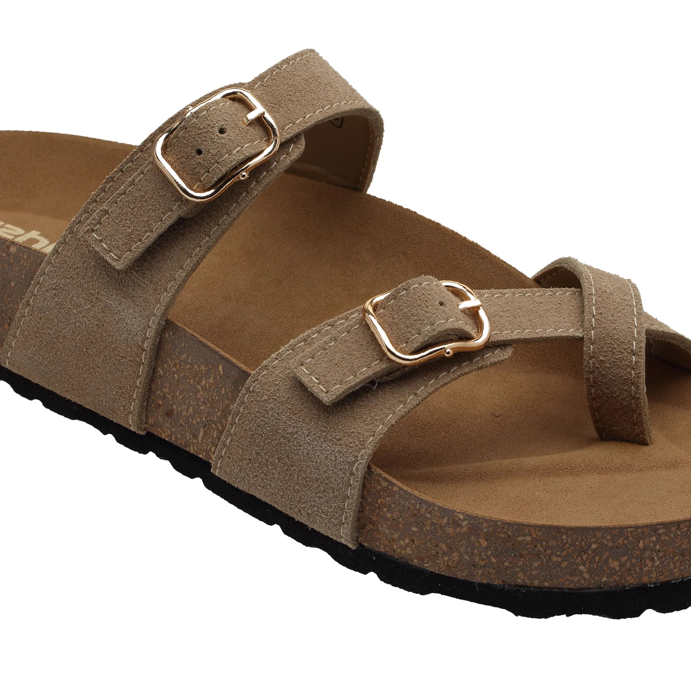 Ezhigo Ladies Sandals Double Strap Microfiber Leather Sliders with Cork Sole